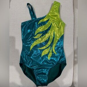 Balera turquoise and lime green longsleeve rhinestone leotard. Size MC (10/12)